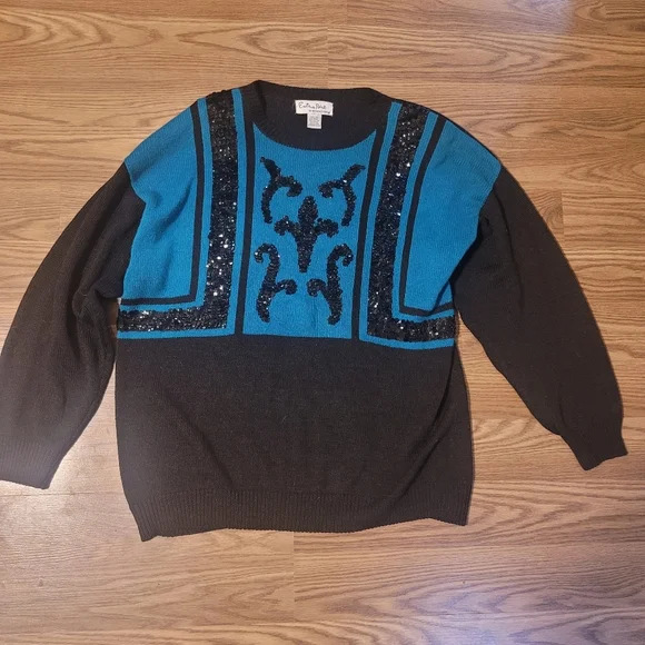 Vintage Teal and Black Sequin Sweater - Picture 6 of 9
